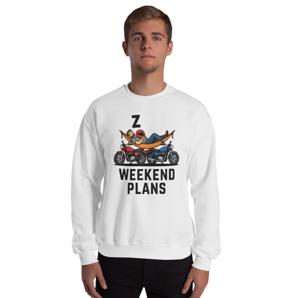 Weekend Plans funny motorcycle dad crewneck sweatshirt — White, on model