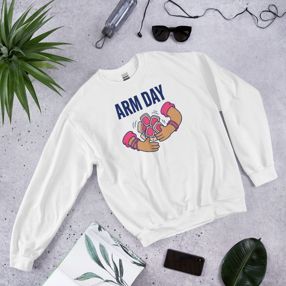 Arm Day funny mahjong crewneck sweatshirt — White, flat lay