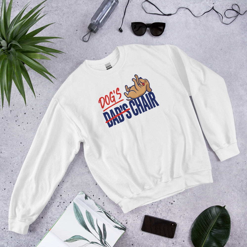 Dog's Chair funny dog dad crewneck sweatshirt — White, flat lay