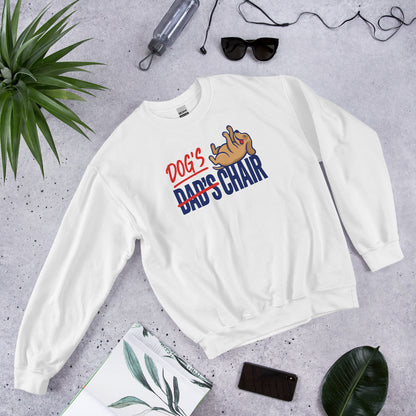 Dog's Chair funny dog dad crewneck sweatshirt — White, flat lay