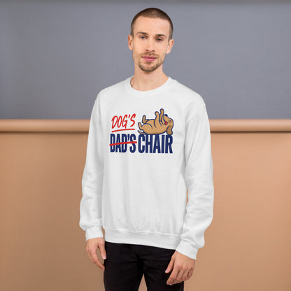 Dog's Chair funny dog dad crewneck sweatshirt — White, on model