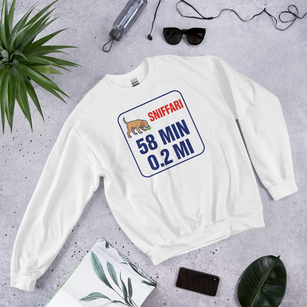 Sniff Walk Recap funny dog dad crewneck sweatshirt — White, flat lay