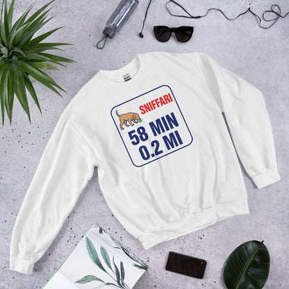 Sniff Walk Recap funny dog dad crewneck sweatshirt — White, flat lay