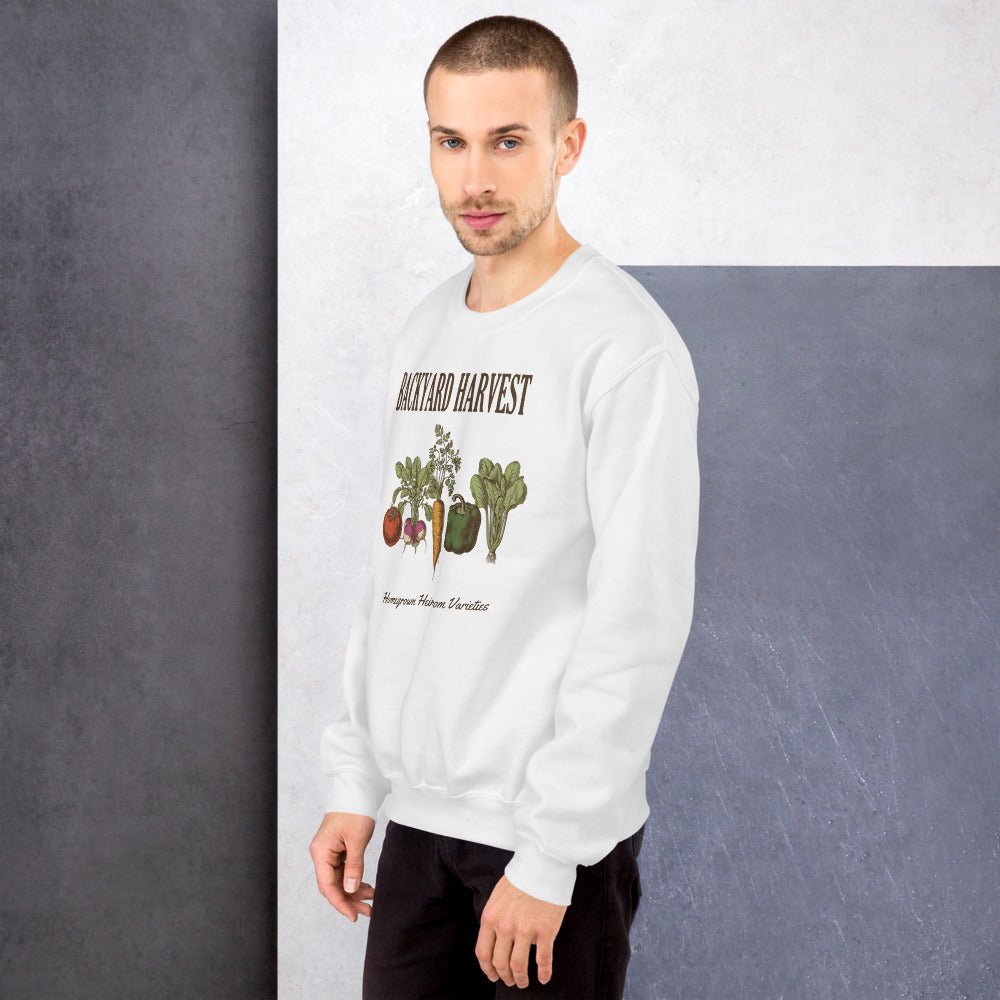 Backyard Harvest heirloom vegetable gardening crewneck sweatshirt — White, on model