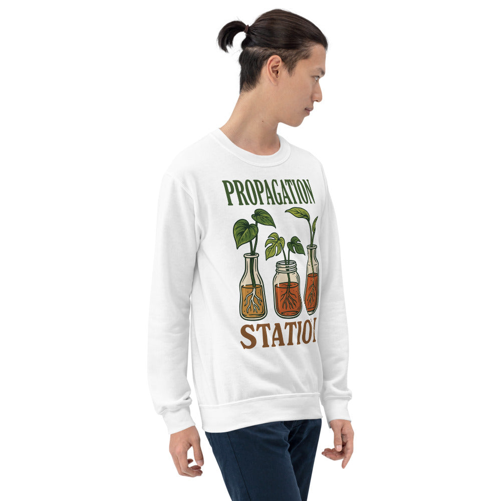 Propagation Station retro botanical plant lover crewneck sweatshirt — White, on model
