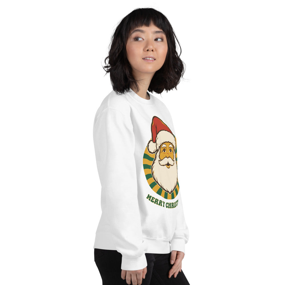 Groovy Santa retro Christmas crewneck sweatshirt — White, on model