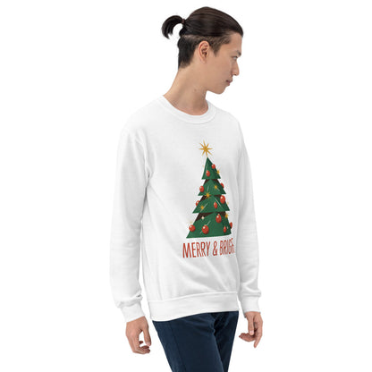 Atomic mid-century retro Christmas tree crewneck sweatshirt — White, on model