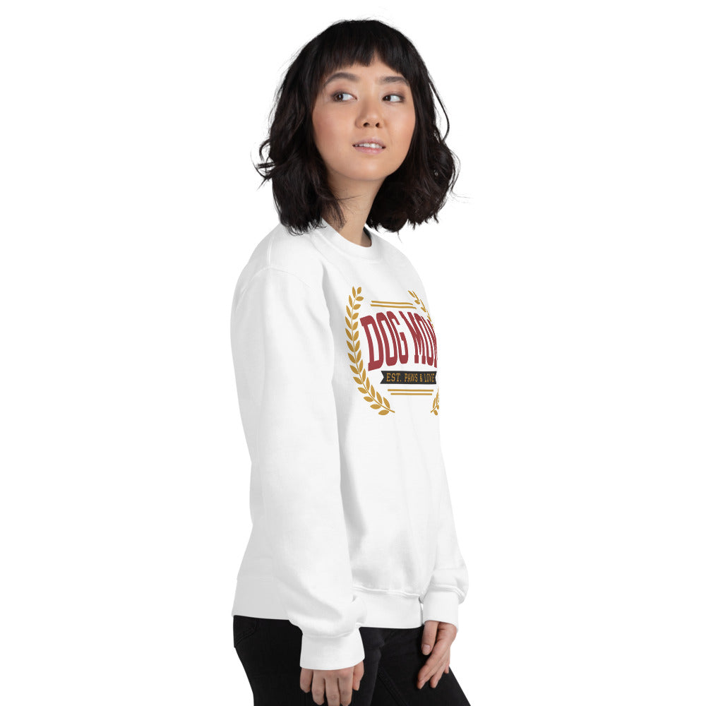Dog Mom vintage varsity wordmark crewneck sweatshirt — White, on model
