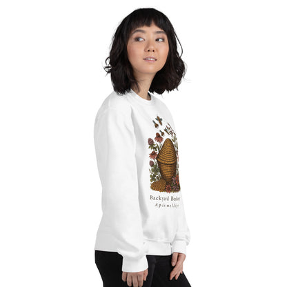 Backyard Beekeeper field-guide bee crewneck sweatshirt — White, on model