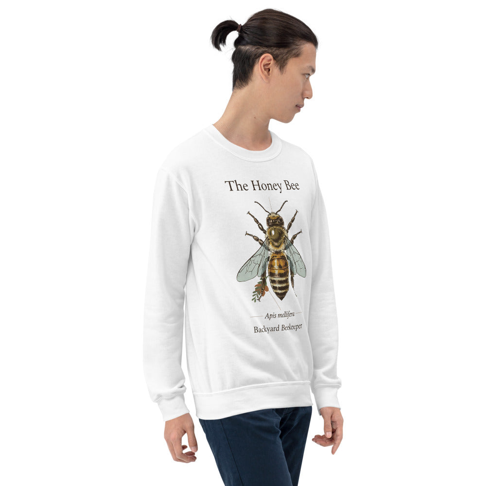 The Honey Bee Apis mellifera anatomical crewneck sweatshirt — White, on model