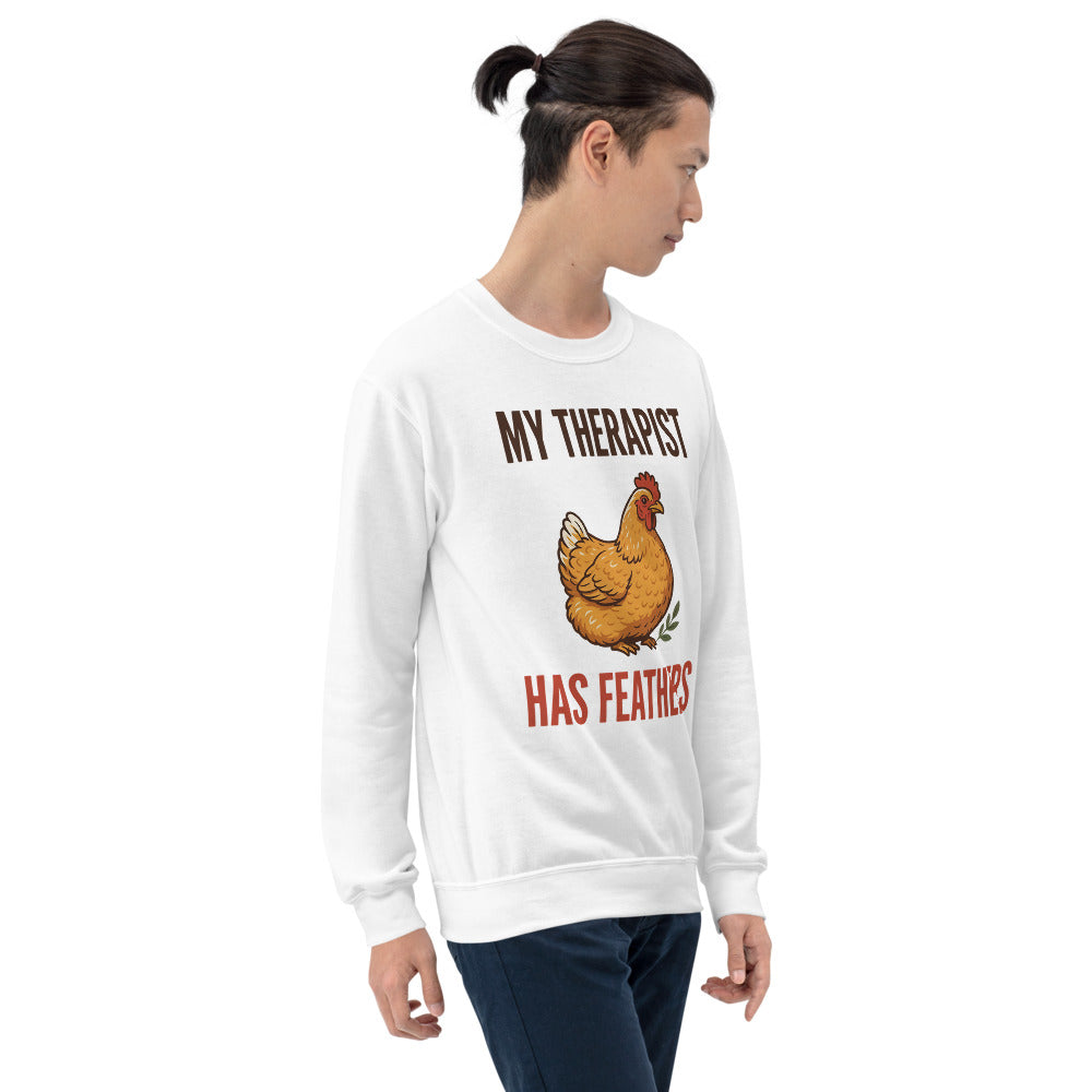 My Therapist Has Feathers funny chicken keeper crewneck sweatshirt — White, on model