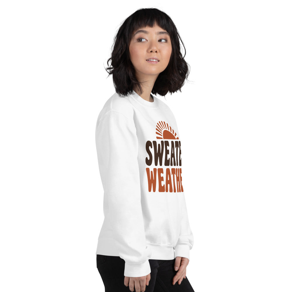 Sweater Weather retro 70s fall crewneck sweatshirt — White, on model