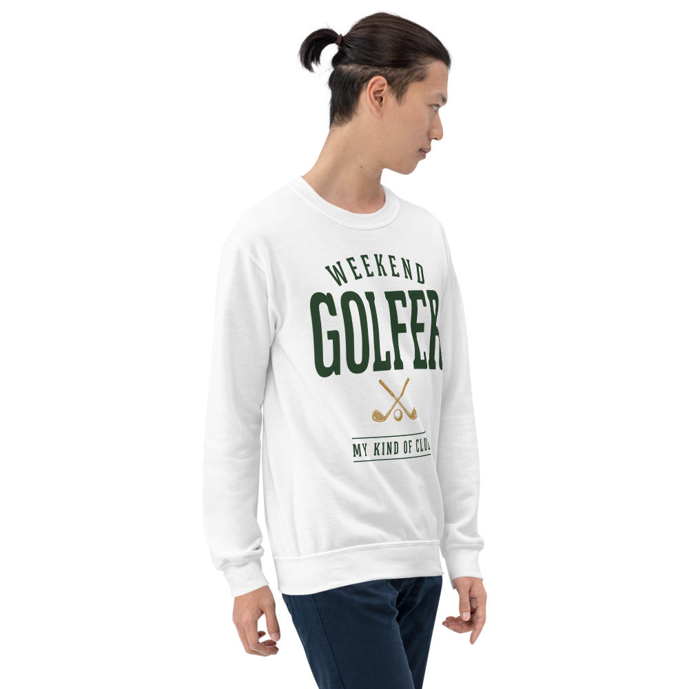 Weekend Golfer vintage golf wordmark crewneck sweatshirt — White, on model