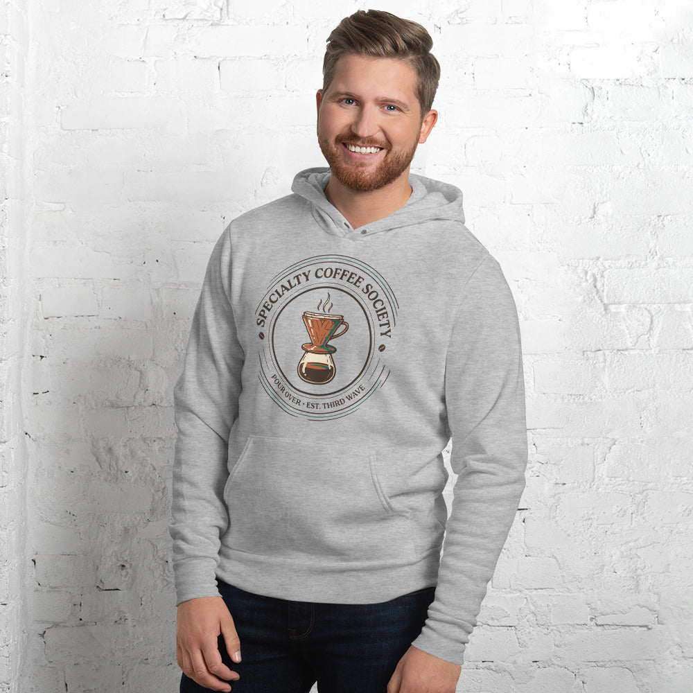 Specialty Coffee Society specialty coffee hoodie — Athletic Heather, on model