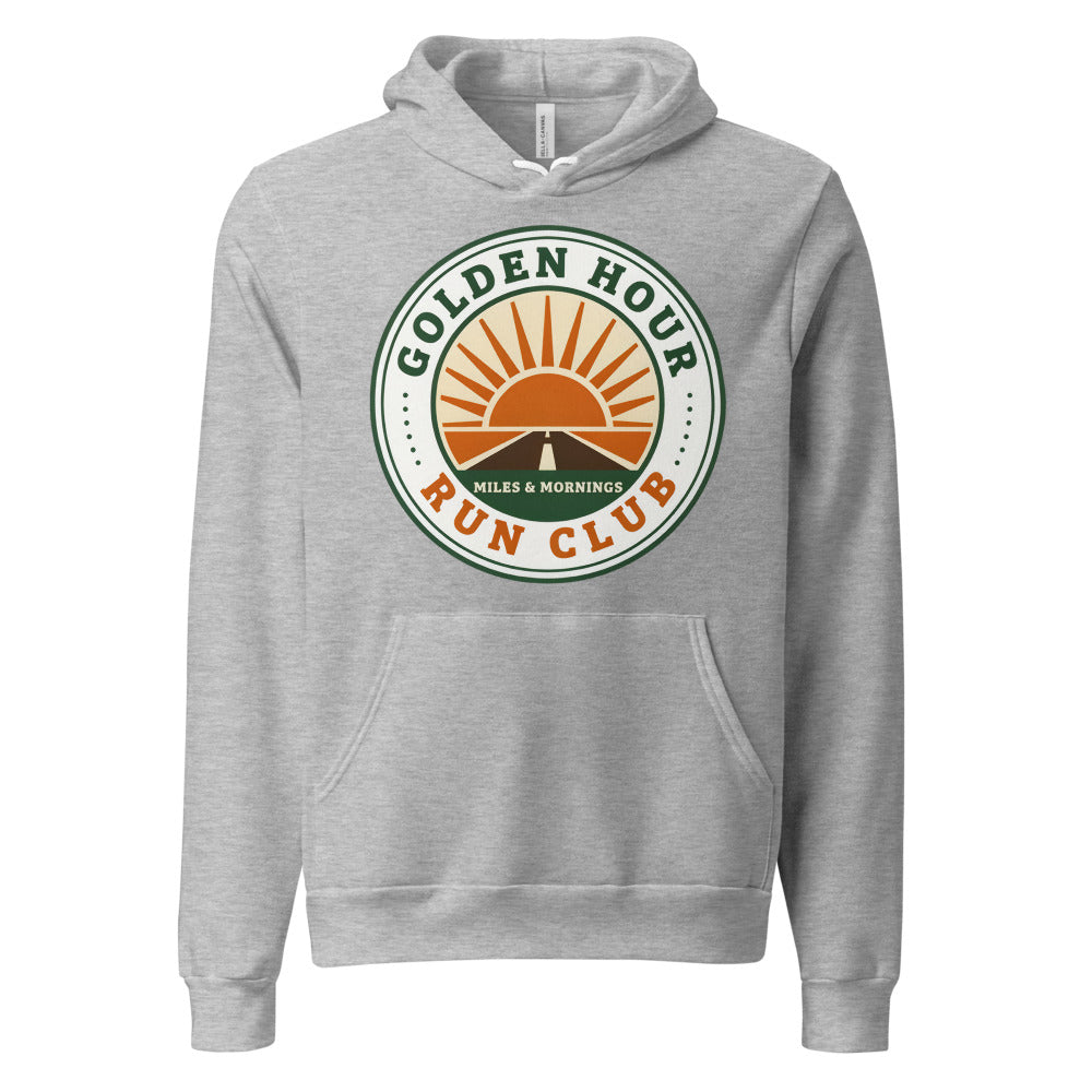 Golden Hour Run Club retro running hoodie — Athletic Heather, front