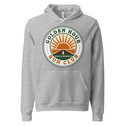 Golden Hour Run Club retro running hoodie — Athletic Heather, front