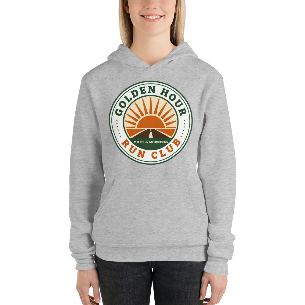 Golden Hour Run Club retro running hoodie — Athletic Heather, on model