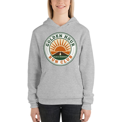 Golden Hour Run Club retro running hoodie — Athletic Heather, on model