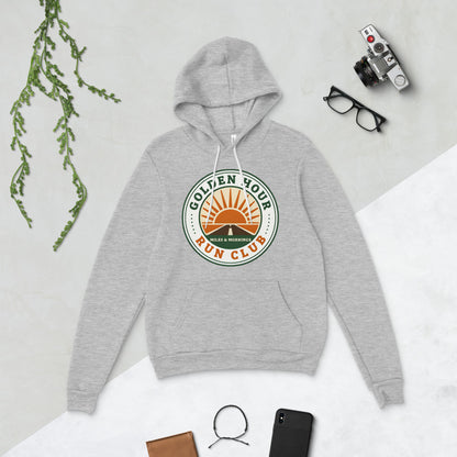 Golden Hour Run Club retro running hoodie — Athletic Heather, flat lay