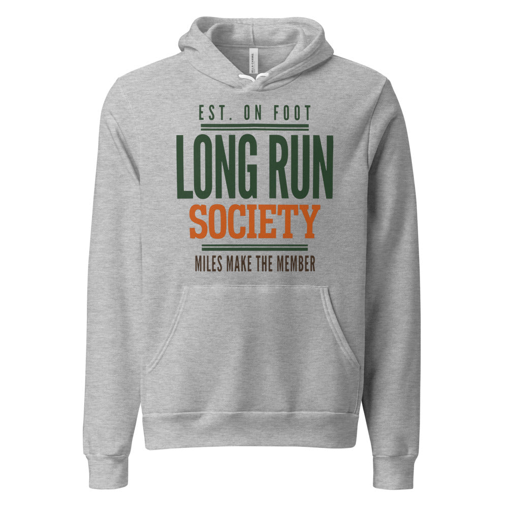 Long Run Society retro running hoodie — Athletic Heather, front