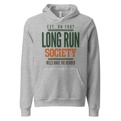 Long Run Society retro running hoodie — Athletic Heather, front