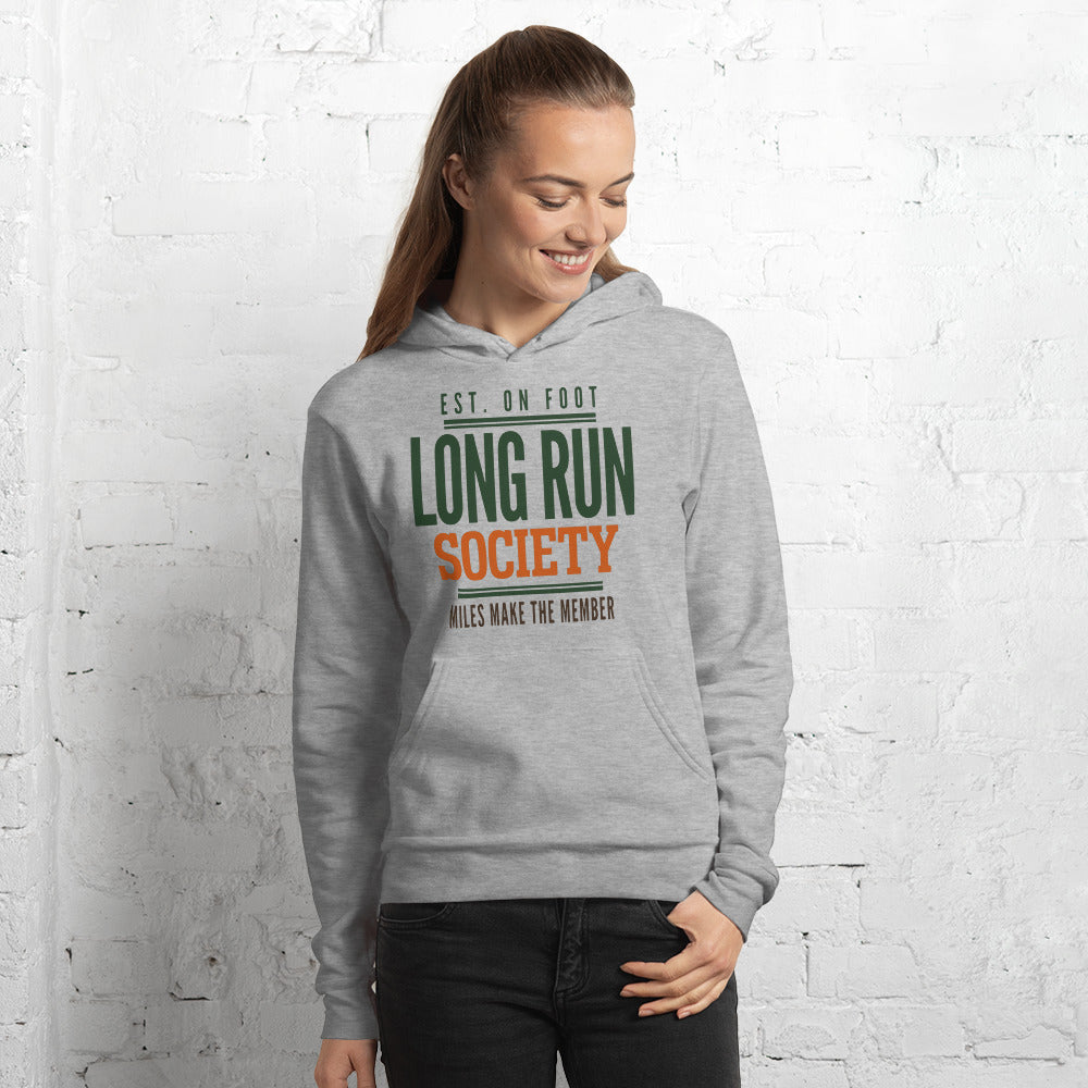 Long Run Society retro running hoodie — Athletic Heather, on model