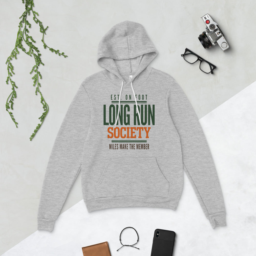 Long Run Society retro running hoodie — Athletic Heather, flat lay