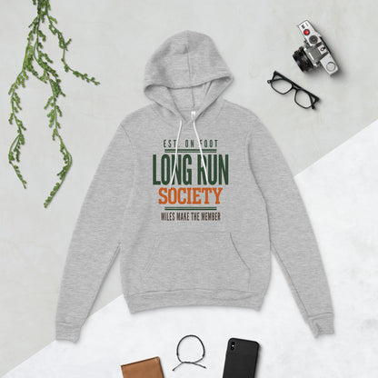 Long Run Society retro running hoodie — Athletic Heather, flat lay
