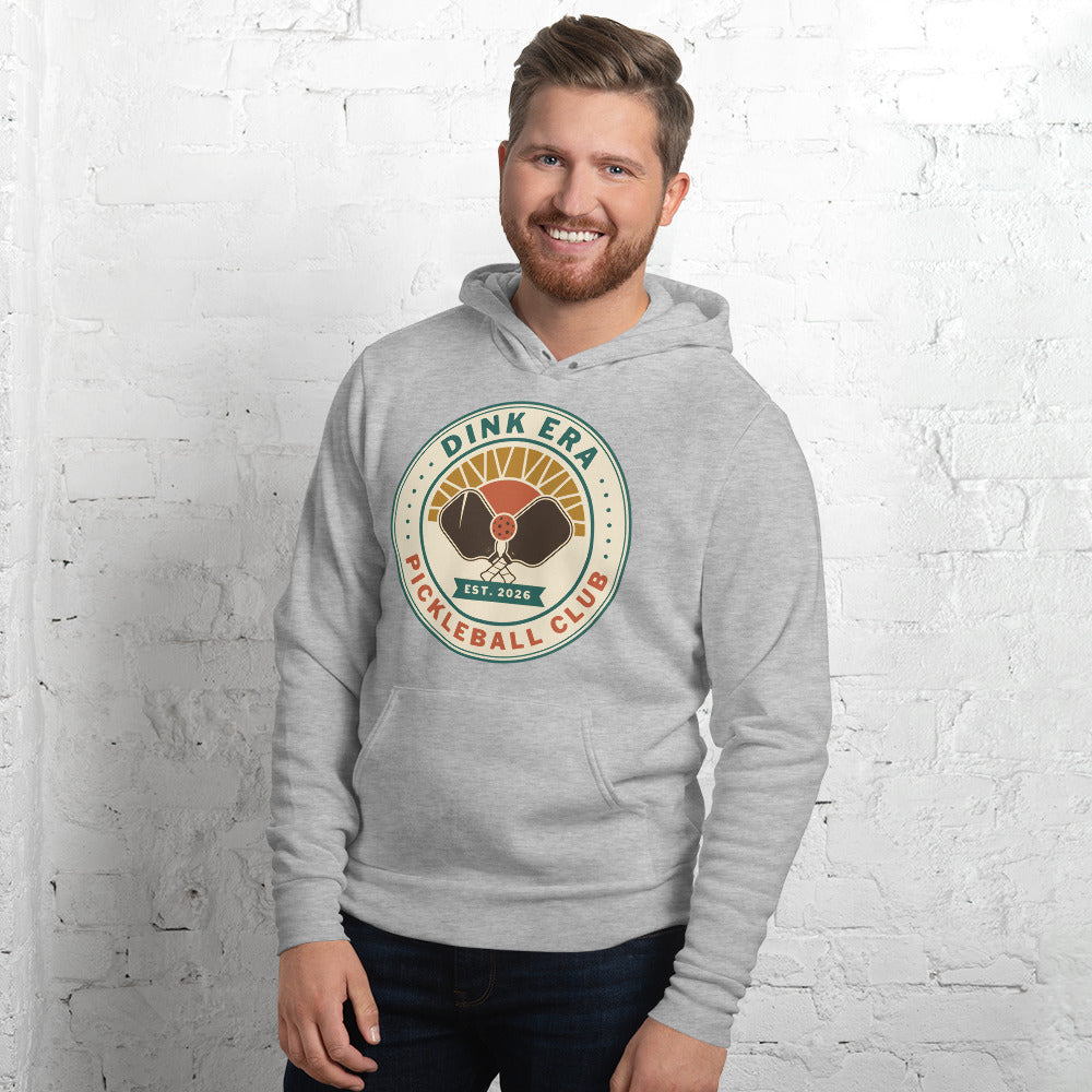 Dink Era Pickleball Club retro hoodie — Athletic Heather, on model