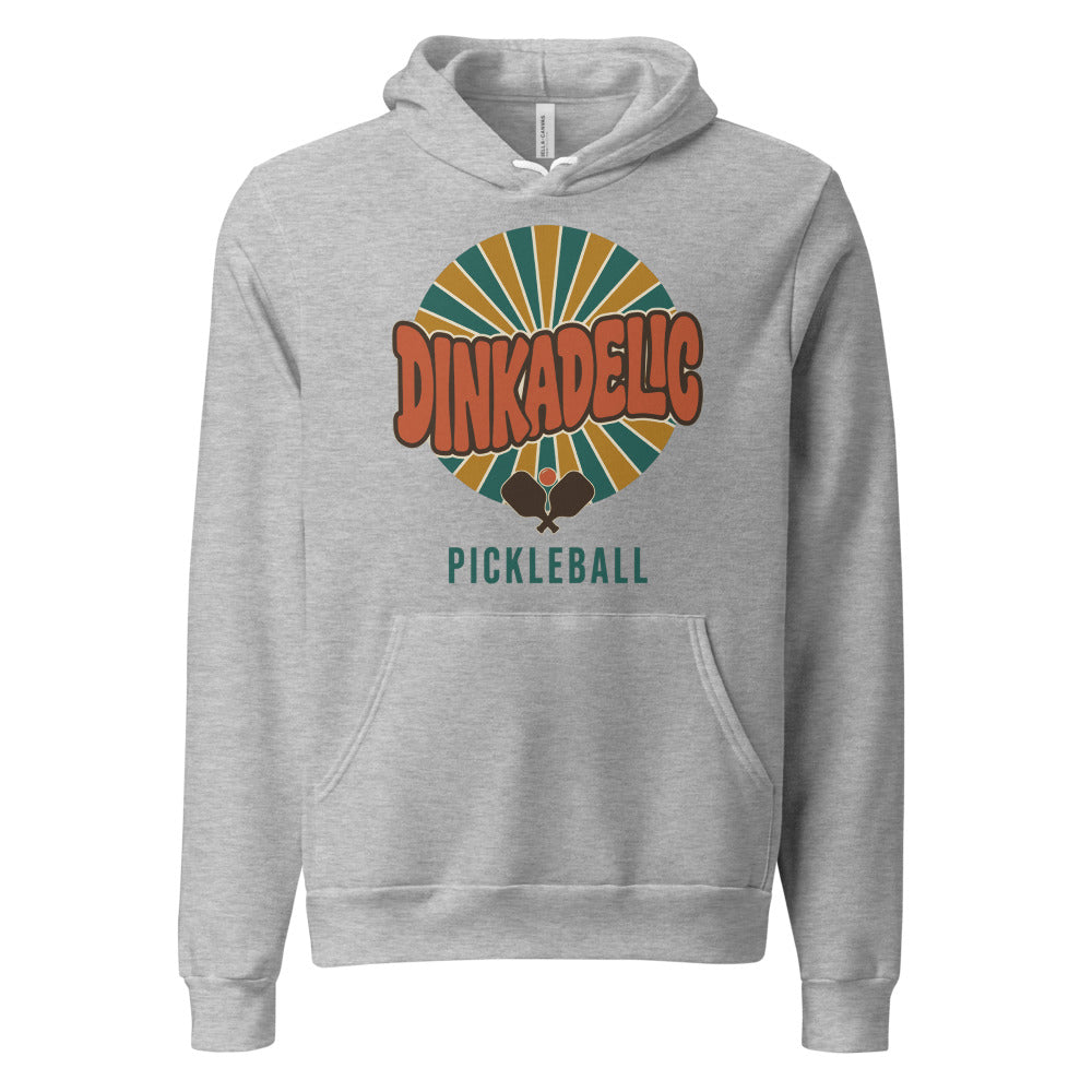 Dinkadelic retro 70s pickleball hoodie — Athletic Heather, front