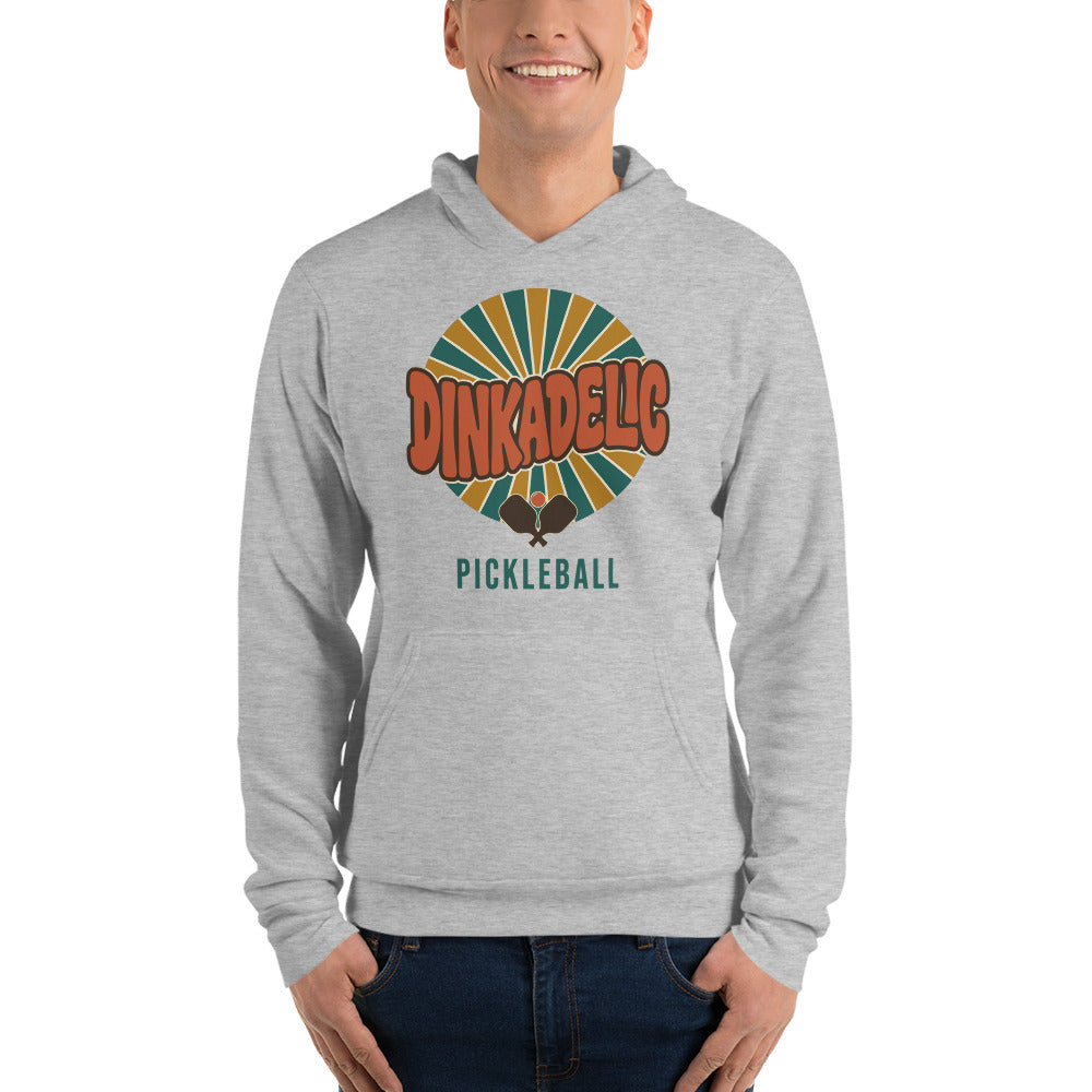 Dinkadelic retro 70s pickleball hoodie — Athletic Heather, on model