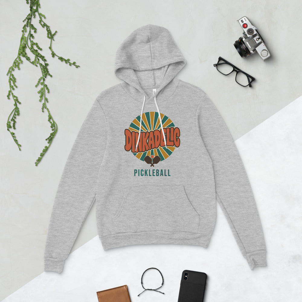 Dinkadelic retro 70s pickleball hoodie — Athletic Heather, flat lay