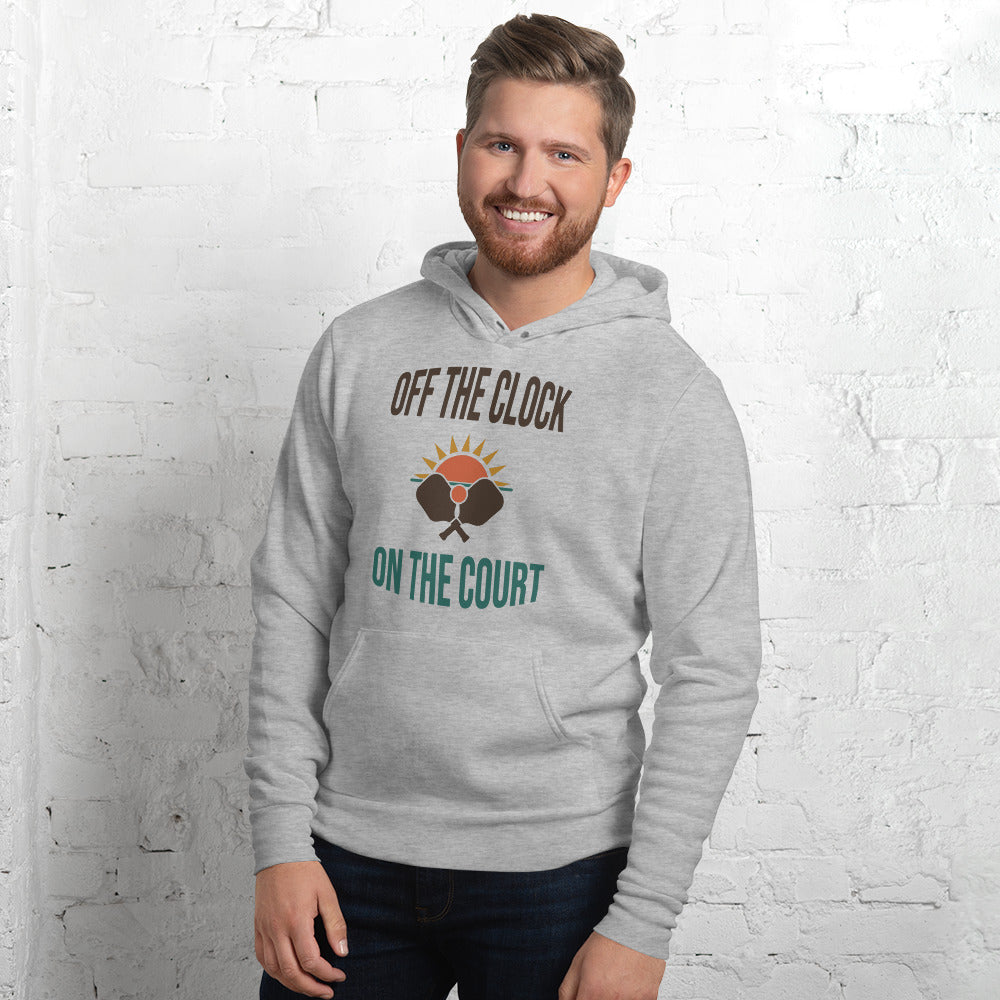 Off The Clock On The Court retro pickleball hoodie — Athletic Heather, on model