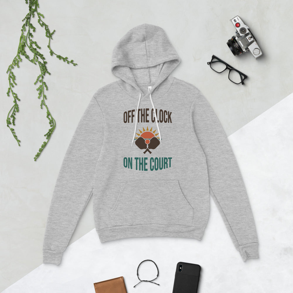 Off The Clock On The Court retro pickleball hoodie — Athletic Heather, flat lay