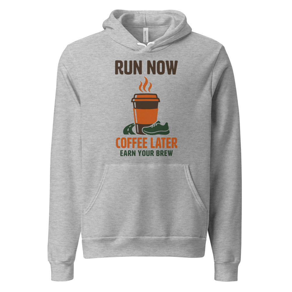 Run Now Coffee Later funny running hoodie — Athletic Heather, front