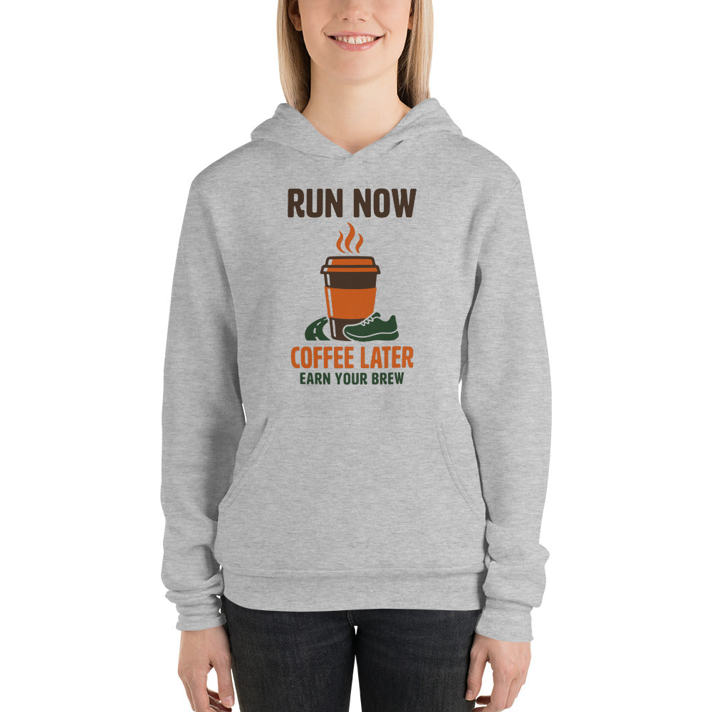 Run Now Coffee Later funny running hoodie — Athletic Heather, on model