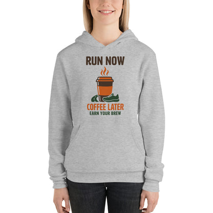 Run Now Coffee Later funny running hoodie — Athletic Heather, on model