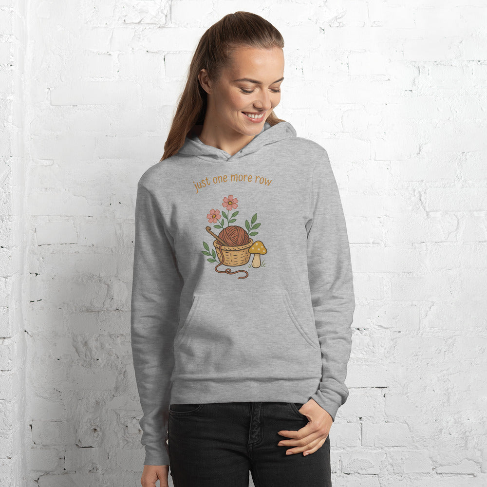 Just One More Row crochet cottagecore hoodie — Athletic Heather, on model