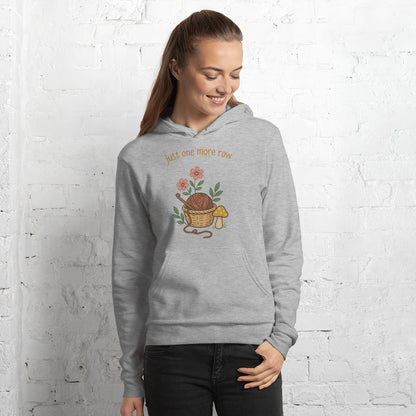 Just One More Row crochet cottagecore hoodie — Athletic Heather, on model