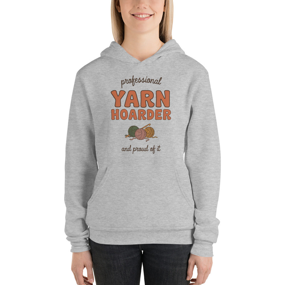 Professional Yarn Hoarder crochet cottagecore hoodie — Athletic Heather, on model