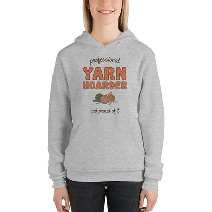 Professional Yarn Hoarder crochet cottagecore hoodie — Athletic Heather, on model