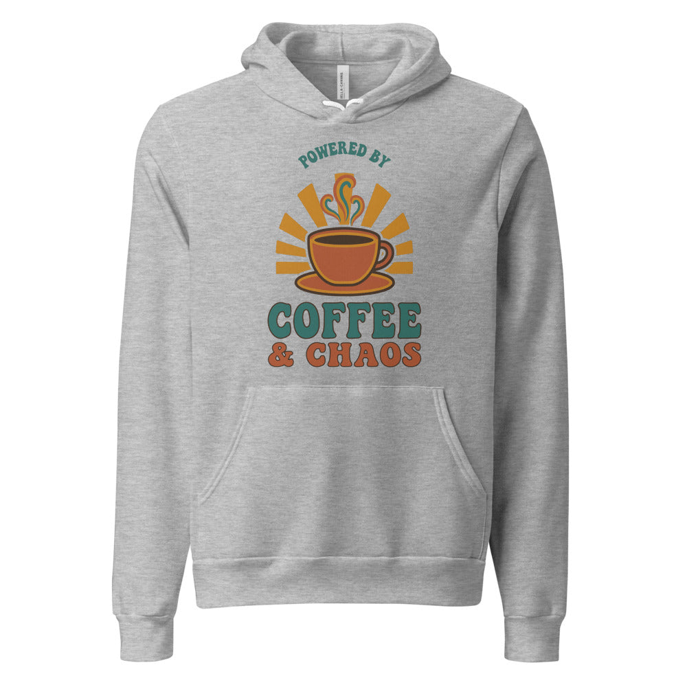 Powered By Coffee And Chaos retro groovy teacher hoodie — Athletic Heather, front