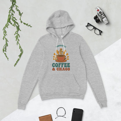 Powered By Coffee And Chaos retro groovy teacher hoodie — Athletic Heather, flat lay
