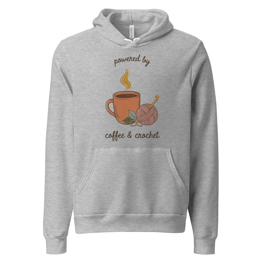 Powered by Coffee and Crochet cottagecore crochet hoodie — Athletic Heather, front