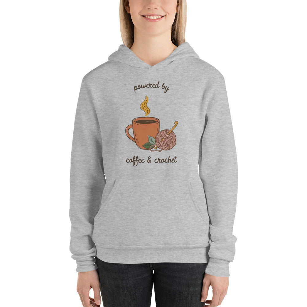 Powered by Coffee and Crochet cottagecore crochet hoodie — Athletic Heather, on model