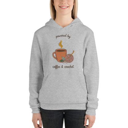 Powered by Coffee and Crochet cottagecore crochet hoodie — Athletic Heather, on model