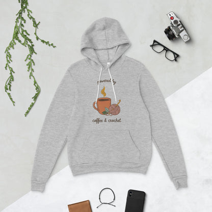 Powered by Coffee and Crochet cottagecore crochet hoodie — Athletic Heather, flat lay