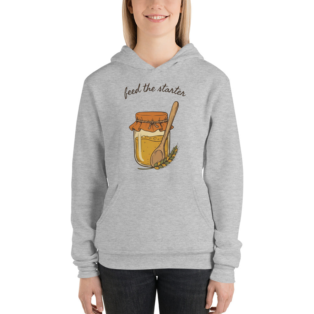 Feed The Starter sourdough baker hoodie — Athletic Heather, on model