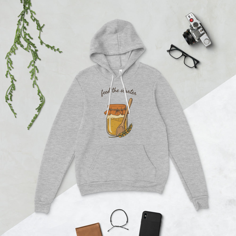 Feed The Starter sourdough baker hoodie — Athletic Heather, flat lay