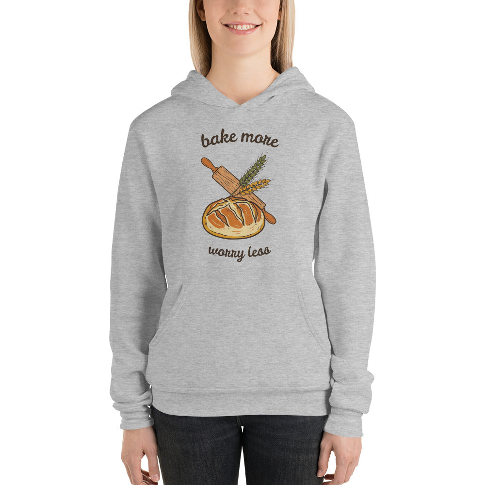 Bake More Worry Less retro kitchen sourdough hoodie — Athletic Heather, on model